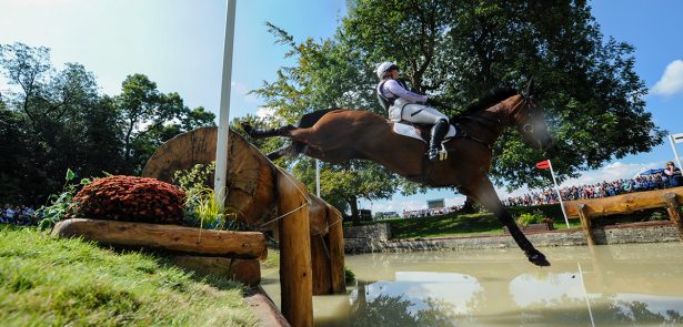 Gemma Tattersall (GBR) riding Arctic Soul at the Storm Doris Combination on her way to second place after the cross country phase. The Land Rover Burghley Horse Trials. Burghley House, Stamford, Lincolnshire, Britain United Kingdom on 2nd September 2017.