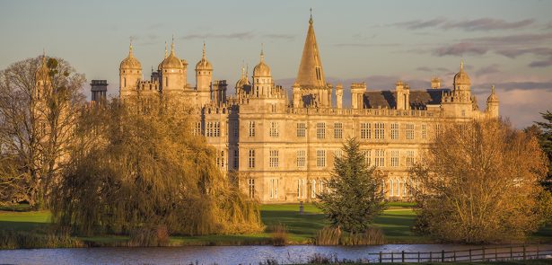 Burghley House, a large Elizabeth 16th century mansion, in parkland created in the 18th century by Capability Brown.